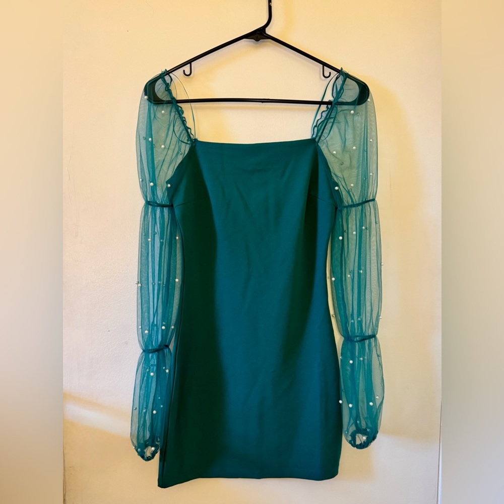 Teal Green Mini Dress with Sheer Puff Sleeves w/Pearl Details Size XS